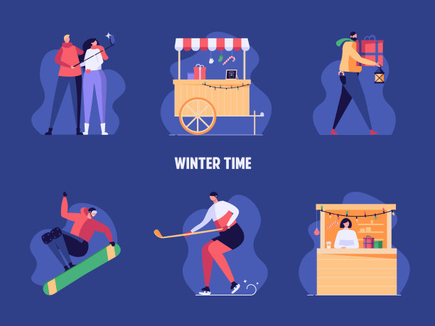 一组快乐的人单板滑雪，打曲棍球，自拍和滑雪滑雪场在山上。集活动、寒假、户外步行概念。矢量插图在平面设计。图片下载