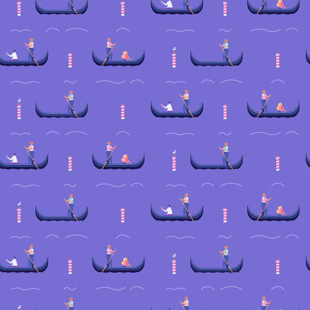 威尼斯浪漫旅游模式。船夫用平底船载着一个女孩和一个男人在海峡上。暑假的模式。矢量插图在平面卡通设计图片下载