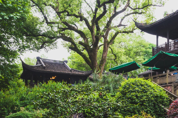 中国杭州西湖附近的中国传统建筑图片下载