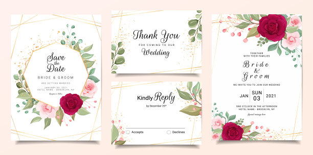 婚礼邀请卡模板集鲜花和黄金几何装饰。勃艮第和桃红玫瑰植物背景矢量插图图片下载