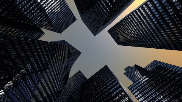 全景透视以钢浅蓝色为背景的玻璃高层建筑为未来的摩天大楼城市。工业技术架构的业务概念。3 d渲染。三维演示图片下载