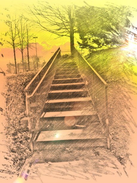 阳光楼梯，素描混合图片下载
