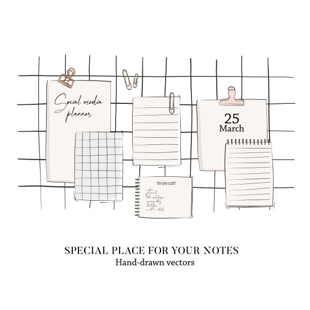 工作台与文件夹，剪贴板，日历，笔记本，每周或每月计划手绘元素。自由职业者、学生、工人的工作空间创意涂鸦。社交媒体套件，忙碌的办公概念图片下载