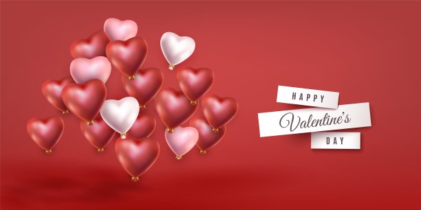 在红色的背景下，红、白、粉的氦气球在空中飞翔素材图片