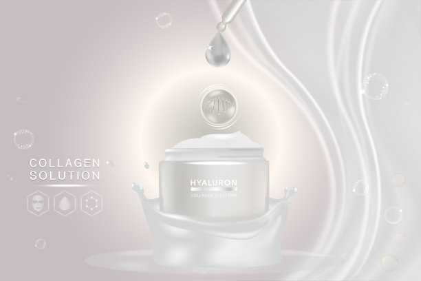 美容产品广告设计，白色化妆品容器与胶原蛋白溶液广告背景准备使用，奢侈护肤横幅，插图向量。图片下载