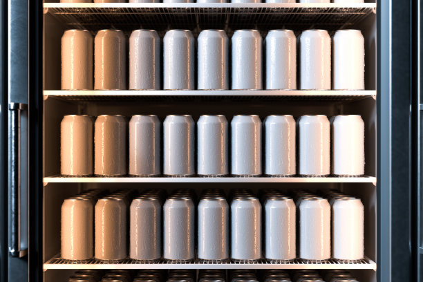 空白白色铝啤酒或汽水罐与液滴在货架上的冰箱玻璃门，3d渲染。极简主义图片下载