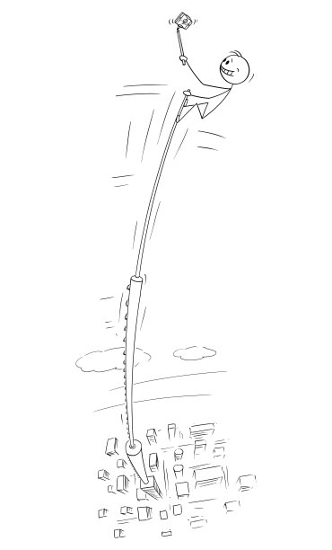 在城市的摩天大楼现代建筑上拍摄危险照片自拍的人的矢量卡通插图图片下载