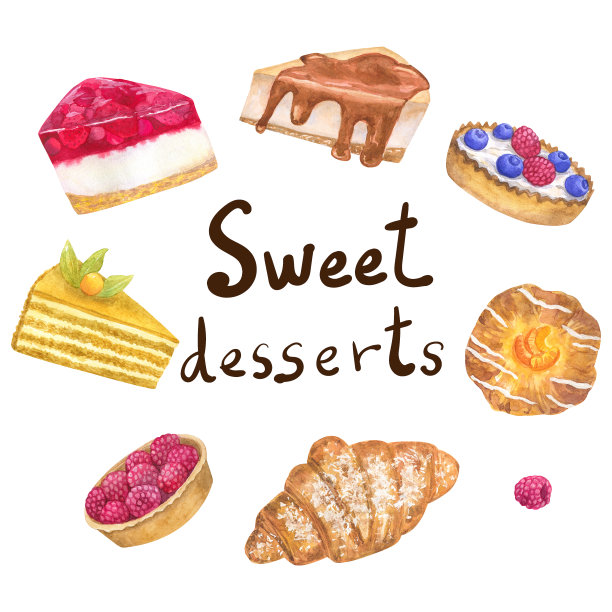 圆形框架模板与美味的甜点一家糕点店。手绘水彩插图。孤立在白色背景上。图片下载