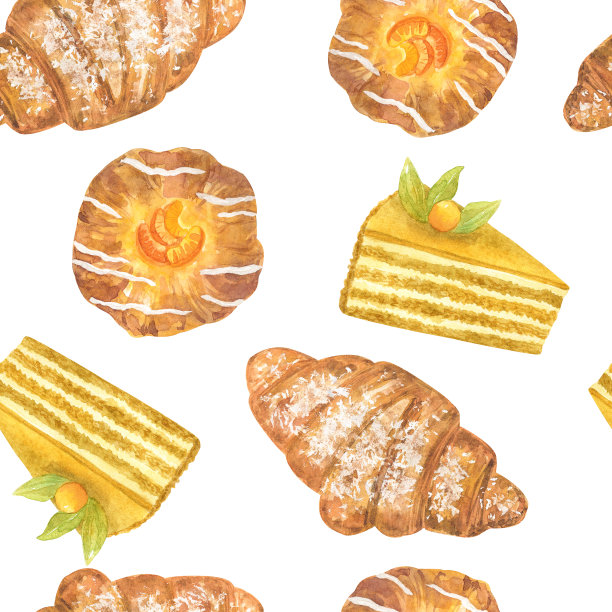 美味的甜点。无缝模式。手绘水彩插图。纹理印刷，织物，纺织品，壁纸。图片下载