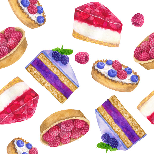 美味的甜点。无缝模式。手绘水彩插图。纹理印刷，织物，纺织品，壁纸。图片下载