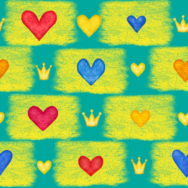 明亮的无缝图案心形和王冠包装纸，背景或织物。图片下载