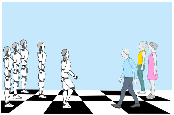 机器人站在棋盘上对抗人类。赢得地位。机器人与人的象棋游戏。矢量插图。图片下载