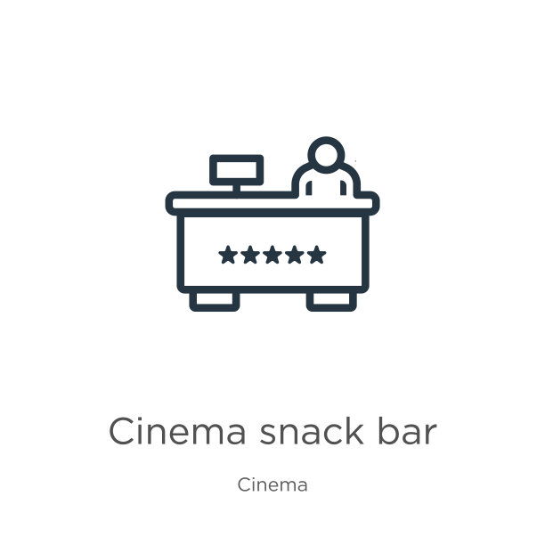 电影院小吃栏图标。细线性影院小吃条轮廓图标孤立的白色背景从影院集合。线矢量影院小吃店标志，代表网页和手机图片下载