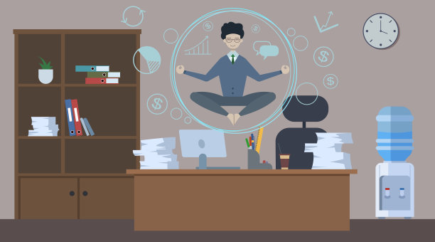 在办公室的桌子上，一个商人正在莲花姿势沉思。在工作场所做瑜伽，保持冷静。放松、冥想的概念。工人多任务。平的风格。矢量图图片下载