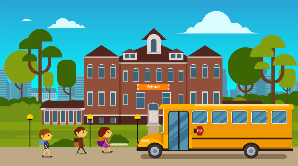 校舍，公共汽车和学校前院与孩子们去上学。平的风格。矢量图图片下载