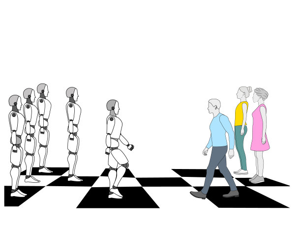 机器人站在棋盘上。赢得地位。机器人与人的象棋游戏。矢量插图。图片下载