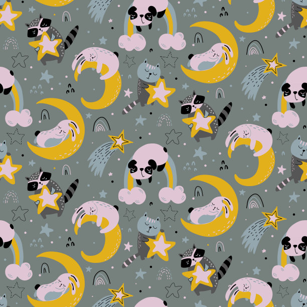 矢量无缝模式与可爱的动物飞行和睡觉在月亮和彩虹。素材图片