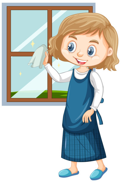女孩在白色背景上擦窗户图片下载