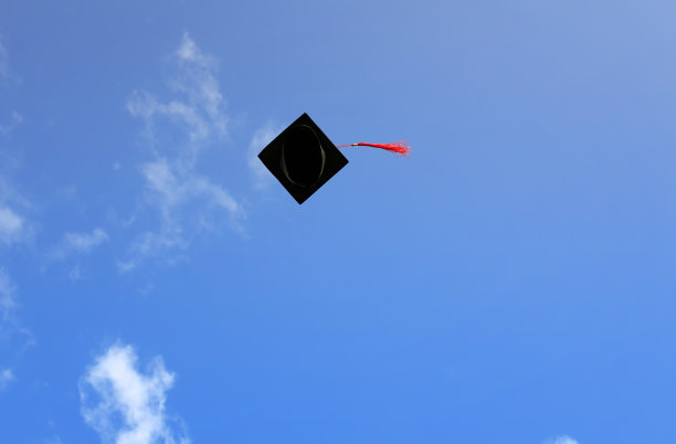 有红色流苏的学生帽被抛向高空。26、毕业晚会上蓝天白云图片下载