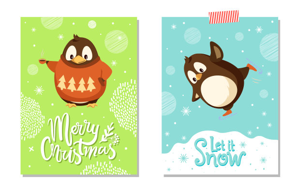 圣诞贺卡，穿着溜冰鞋的企鹅图片下载