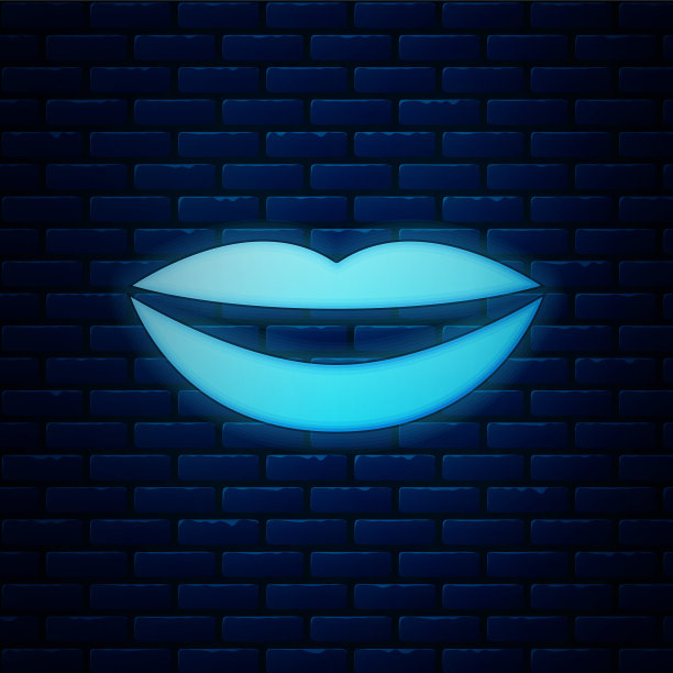 发光的霓虹灯微笑的嘴唇图标孤立在砖墙的背景。微笑的象征。矢量图图片下载