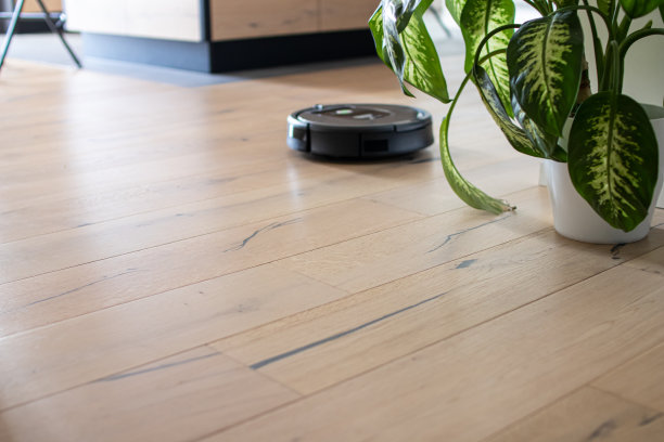 模糊的背景室内公寓与机器人真空吸尘器图片下载