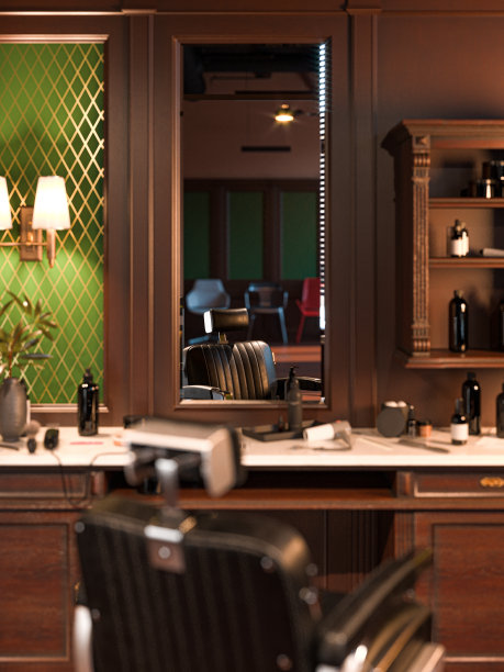 裁剪照片的复古室内时尚的理发店与大镜子和舒适的椅子。3d渲染图片下载