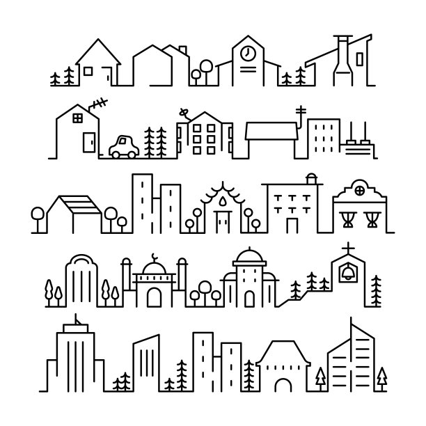 房子和建筑的设置可编辑的笔触线图标。外观建筑的象征。标志，图标，标志，房地产设计元素。图片下载