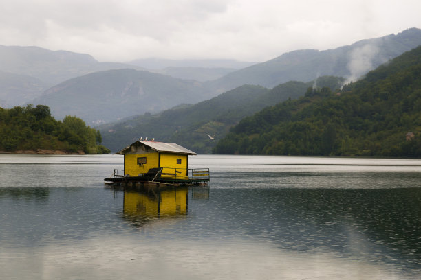 海鸥飞过湖上黄色小屋，下着雨。图片下载