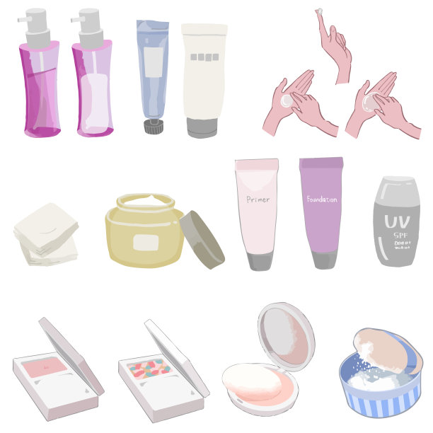 矢量插图的基本化妆和基础化妆集。(乳液、乳液、卸妆水、液体、粉剂、粉饼)图片下载