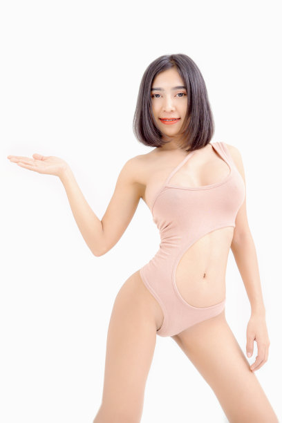 亚洲女性苗条的形状显示的产品或东西的copyspace，在白色的背景。图片下载