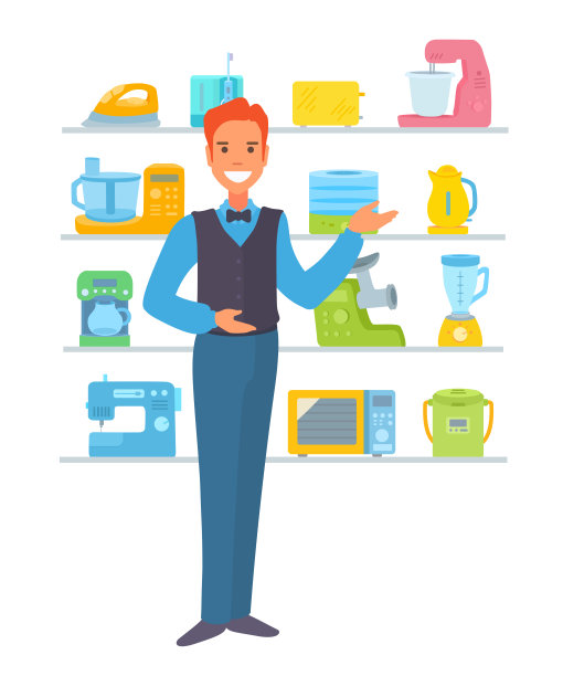 电子商店顾问在展示电子设备时，手掌指向一边，看着观众。图片下载