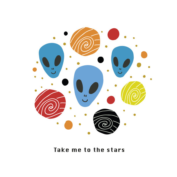 圆形插图与涂鸦外星人，行星图片下载
