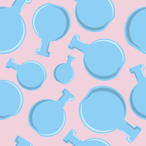 现代概念无缝海报与随机定位的蓝色瓶子图案在浅粉色的背景。图片下载