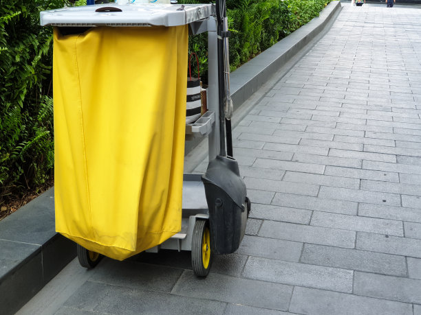 清洁工人和拖把桶在清洗过程中。图片下载