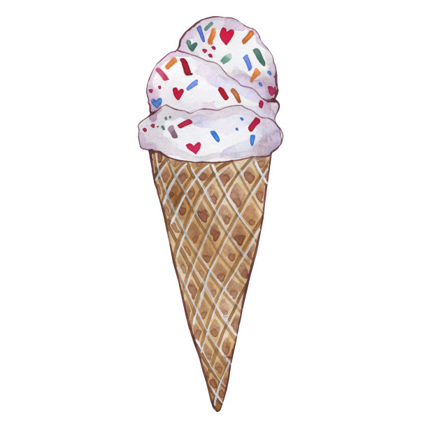 水彩插图。奶油白色的冰淇淋放在华夫饼杯里。甜食、甜点、夏日清新。图片下载