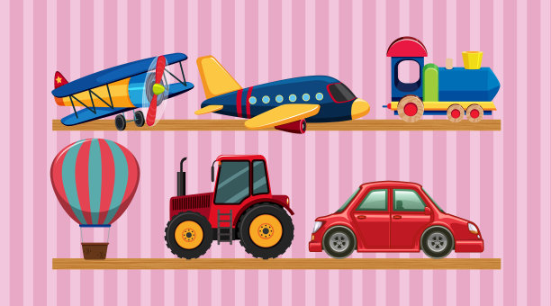 木制架子上有许多运输玩具图片下载