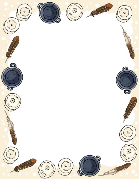 蜡烛，羽毛和坩埚装饰在漫画风格的涂鸦俯视图明信片模板。信格式横幅与地方为您的文本。舒适的波西米亚固定模型图片下载