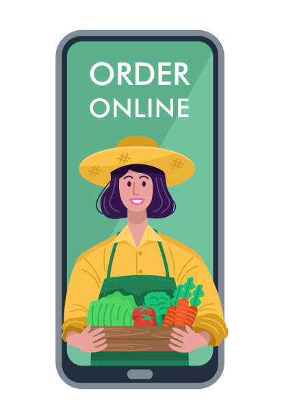平面设计，杂货网上购物。一个年轻的女人拿着一个装满新鲜蔬菜的板条箱孤立在白色的背景上图片下载