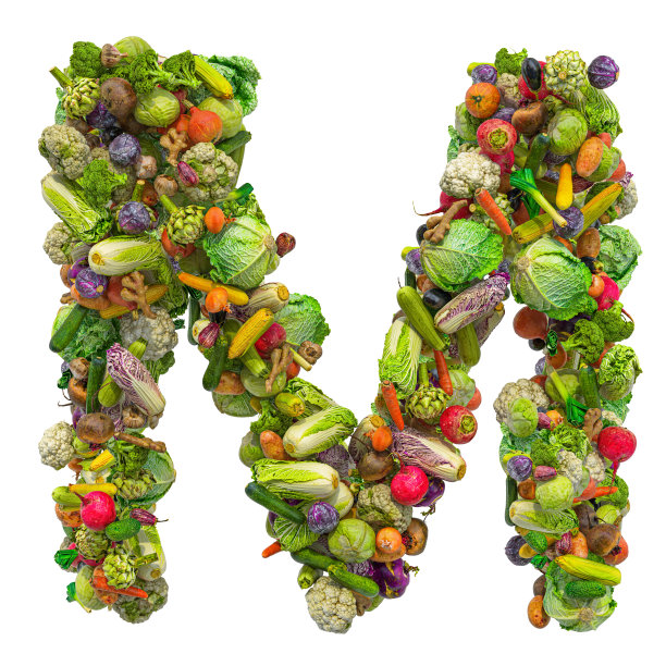 字母M，蔬菜字体。3D渲染孤立的白色背景图片下载