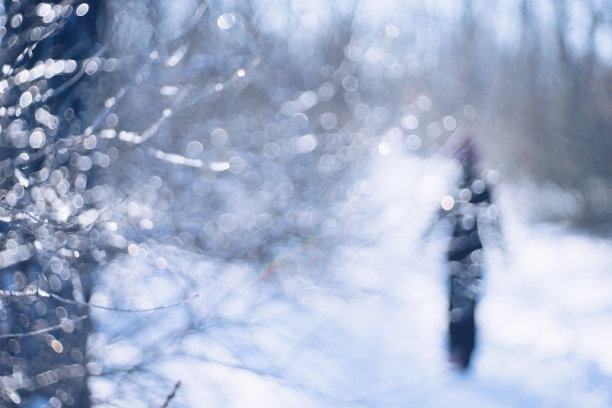 穿过冬天的森林。一个孤独的人穿着黑色的剪影走在路上，模糊不清的照片。图片下载