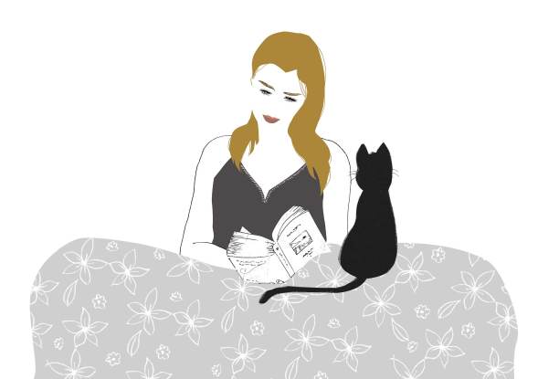 年轻女子拿着书和她的猫。最小的数码插图图片下载