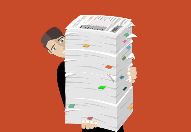 忙着处理一堆文件的商人。超负荷工作的员工。官僚机构。矢量平面设计。图片下载