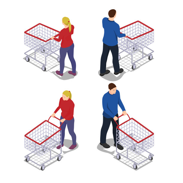 男性和女性购物车在等距视图。素材图片