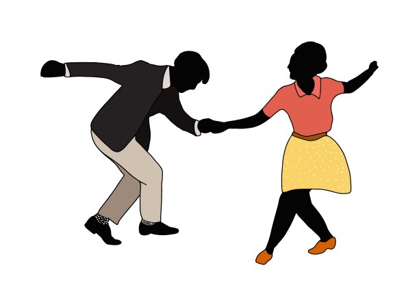 摇摆爵士派对时间。在卡通风格的白色上跳舞的夫妇孤立。四五十岁的人喜欢。男人和女人在秋千，爵士乐，林迪跳或布吉伍吉派对。向量的插图。图片下载