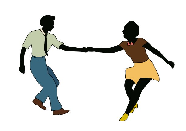 摇摆爵士派对时间。在卡通风格的白色上跳舞的夫妇孤立。四五十岁的人喜欢。男人和女人在秋千，爵士乐，林迪跳或布吉伍吉派对。向量的插图。图片下载