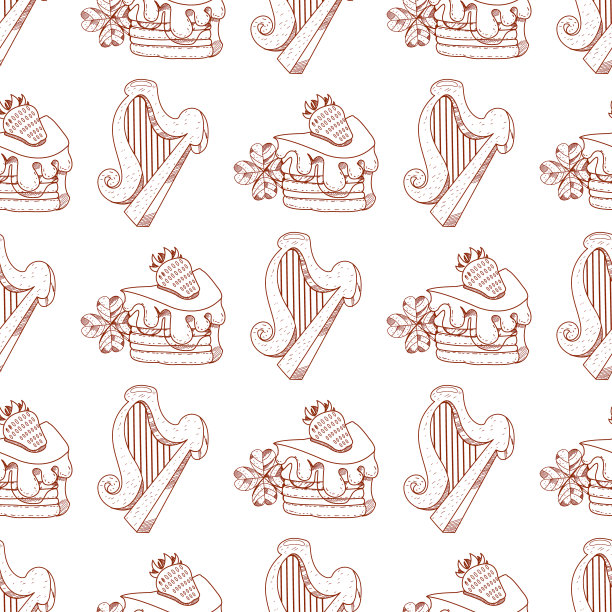 无缝模式与竖琴和一块蛋糕与草莓图片下载