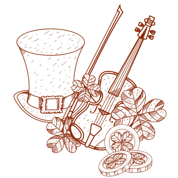 绿帽子，小提琴，三叶草和金币。图片下载