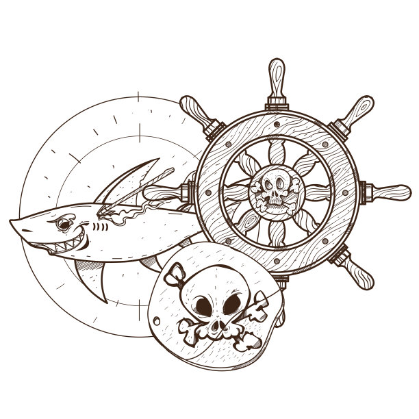 舵手，鲨鱼，海盗污点。图形海盗主题。图片下载