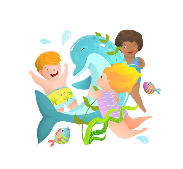 三个孩子在海里或海豚馆与野生海豚一起游泳。图片下载